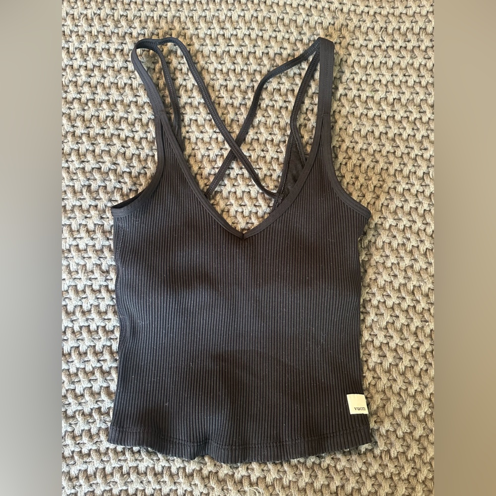 Vuori Black Ribbed Strappy Crop Top